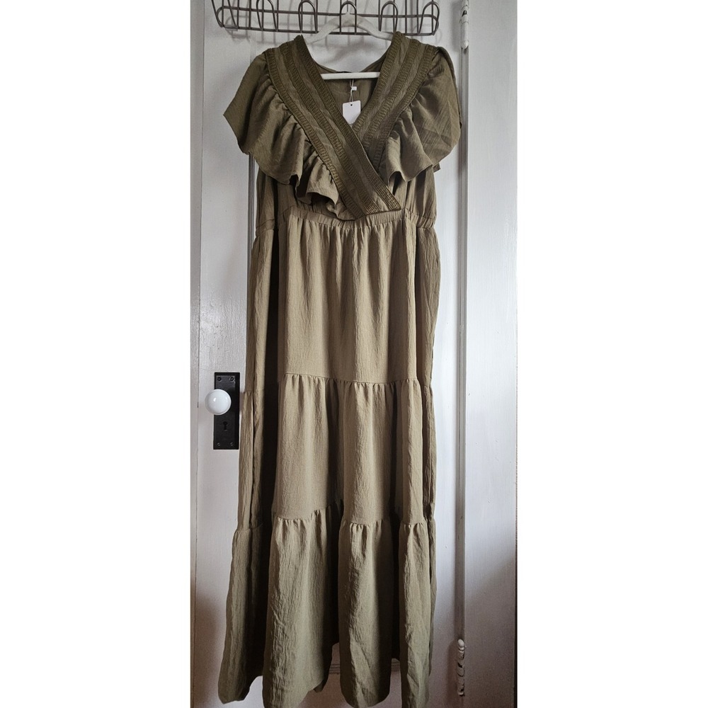 NWT SIMPLEE olive green wrap upper embroidered ruffled tiered dress maxi Sz L - Picture 4 of 9